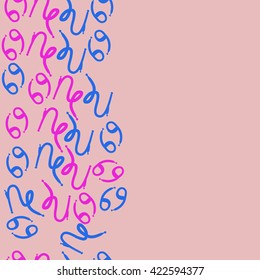 Seamless vertical pattern  of zodiac signs, doodles, object,cancer, capricorns, copy space. Hand drawn.