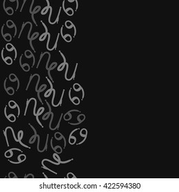 Seamless vertical pattern  of zodiac signs, doodles, object,cancer, capricorns, copy space. Hand drawn.