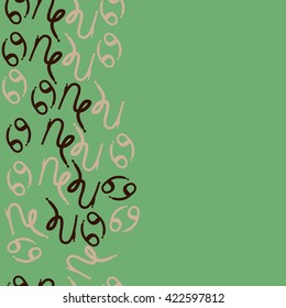 Seamless vertical pattern  of zodiac signs, doodles, object,cancer, capricorns, copy space. Hand drawn.
