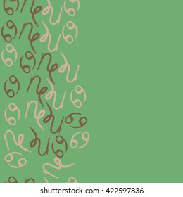 Seamless vertical pattern  of zodiac signs, doodles, object,cancer, capricorns, copy space. Hand drawn.