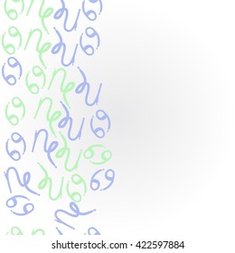 Seamless vertical pattern  of zodiac signs, doodles, object,cancer, capricorns, copy space. Hand drawn.
