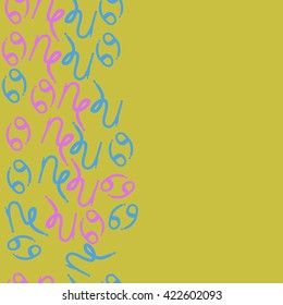 Seamless vertical pattern  of zodiac signs, doodles, object,cancer, capricorns, copy space. Hand drawn.