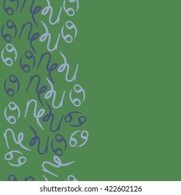 Seamless vertical pattern  of zodiac signs, doodles, object,cancer, capricorns, copy space. Hand drawn.