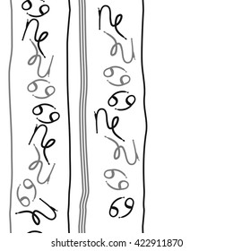 Seamless vertical pattern  of zodiac signs, doodles, object,cancer, capricorns,stripes, copy space. Hand drawn.