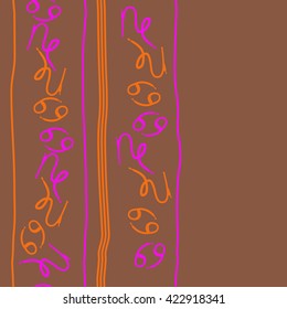 Seamless vertical pattern  of zodiac signs, doodles, object,cancer, capricorns,stripes, copy space. Hand drawn.