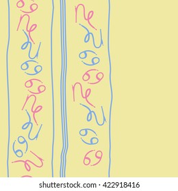 Seamless vertical pattern  of zodiac signs, doodles, object,cancer, capricorns,stripes, copy space. Hand drawn.