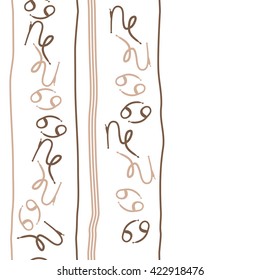 Seamless vertical pattern  of zodiac signs, doodles, object,cancer, capricorns,stripes, copy space. Hand drawn.