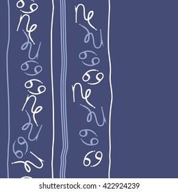 Seamless vertical pattern  of zodiac signs, doodles, object,cancer, capricorns,stripes, copy space. Hand drawn.