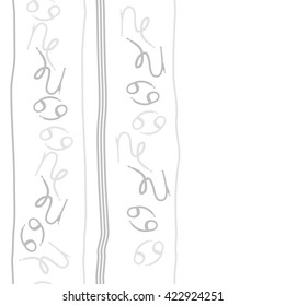 Seamless vertical pattern  of zodiac signs, doodles, object,cancer, capricorns,stripes, copy space. Hand drawn.