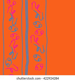 Seamless vertical pattern  of zodiac signs, doodles, object,cancer, capricorns,stripes, copy space. Hand drawn.