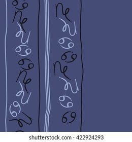Seamless vertical pattern  of zodiac signs, doodles, object,cancer, capricorns,stripes, copy space. Hand drawn.