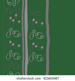 Seamless vertical pattern  of zodiac signs, doodles, object,cancer, lions,stripes,spots, ellipses, copy space. Hand drawn.