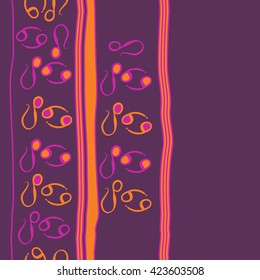 Seamless vertical pattern  of zodiac signs, doodles, object,cancer, lions,stripes,spots, ellipses, copy space. Hand drawn.