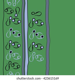 Seamless vertical pattern  of zodiac signs, doodles, object,cancer, lions,stripes,spots, ellipses, copy space. Hand drawn.