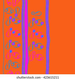 Seamless vertical pattern  of zodiac signs, doodles, object,cancer, lions,stripes,spots, ellipses, copy space. Hand drawn.