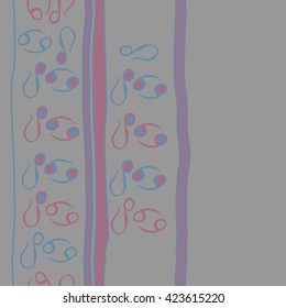 Seamless vertical pattern  of zodiac signs, doodles, object,cancer, lions,stripes,spots, ellipses, copy space. Hand drawn.