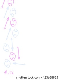 Seamless vertical pattern  of zodiac signs, doodles, object,cancer,sagittarius, copy space. Hand drawn.