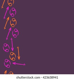 Seamless vertical pattern  of zodiac signs, doodles, object,cancer,sagittarius, copy space. Hand drawn.