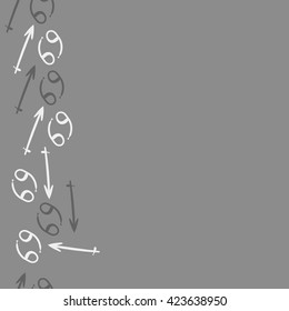 Seamless vertical pattern  of zodiac signs, doodles, object,cancer,sagittarius, copy space. Hand drawn.