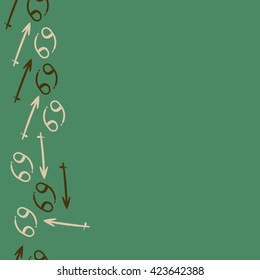 Seamless vertical pattern  of zodiac signs, doodles, object,cancer,sagittarius, copy space. Hand drawn.