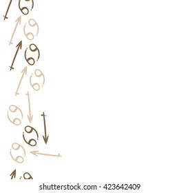 Seamless vertical pattern  of zodiac signs, doodles, object,cancer,sagittarius, copy space. Hand drawn.