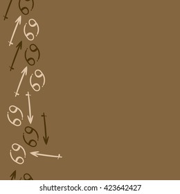 Seamless vertical pattern  of zodiac signs, doodles, object,cancer,sagittarius, copy space. Hand drawn.