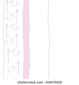 Seamless  vertical pattern  of zodiac signs, doodles, object,cancer,sagittarius. Hand drawn.