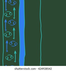 Seamless  vertical pattern  of zodiac signs, doodles, object,cancer,sagittarius. Hand drawn.