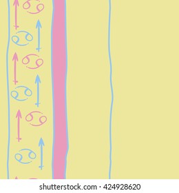 Seamless  vertical pattern  of zodiac signs, doodles, object,cancer,sagittarius. Hand drawn.