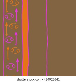 Seamless  vertical pattern  of zodiac signs, doodles, object,cancer,sagittarius. Hand drawn.