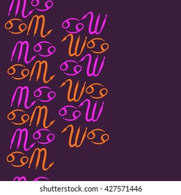 Seamless  vertical pattern  of zodiac signs, doodles, object,cancer,scorpio,  copy space. Hand drawn.
