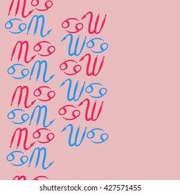 Seamless  vertical pattern  of zodiac signs, doodles, object,cancer,scorpio,  copy space. Hand drawn.