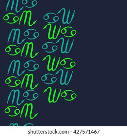 Seamless  vertical pattern  of zodiac signs, doodles, object,cancer,scorpio,  copy space. Hand drawn.