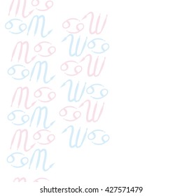 Seamless  vertical pattern  of zodiac signs, doodles, object,cancer,scorpio,  copy space. Hand drawn.