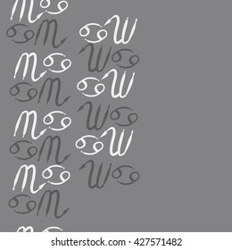 Seamless  vertical pattern  of zodiac signs, doodles, object,cancer,scorpio,  copy space. Hand drawn.