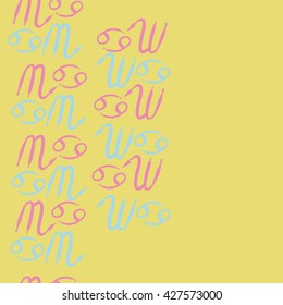 Seamless  vertical pattern  of zodiac signs, doodles, object,cancer,scorpio,  copy space. Hand drawn.