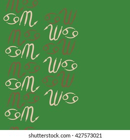 Seamless  vertical pattern  of zodiac signs, doodles, object,cancer,scorpio,  copy space. Hand drawn.