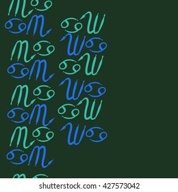 Seamless  vertical pattern  of zodiac signs, doodles, object,cancer,scorpio,  copy space. Hand drawn.