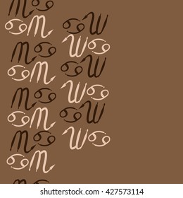 Seamless  vertical pattern  of zodiac signs, doodles, object,cancer,scorpio,  copy space. Hand drawn.