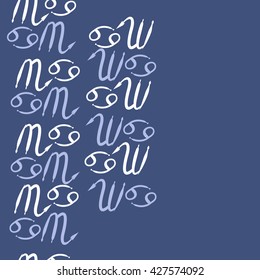 Seamless  vertical pattern  of zodiac signs, doodles, object,cancer,scorpio,  copy space. Hand drawn.