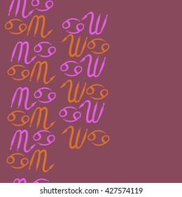 Seamless  vertical pattern  of zodiac signs, doodles, object,cancer,scorpio,  copy space. Hand drawn.