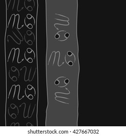 Seamless  vertical pattern  of zodiac signs, doodles, object,cancer,scorpio, stripes, spot,  copy space. Hand drawn.