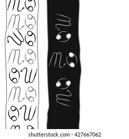 Seamless  vertical pattern  of zodiac signs, doodles, object,cancer,scorpio, stripes, spot,  copy space. Hand drawn.