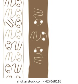 Seamless  vertical pattern  of zodiac signs, doodles, object,cancer,scorpio, stripes, spot,  copy space. Hand drawn.