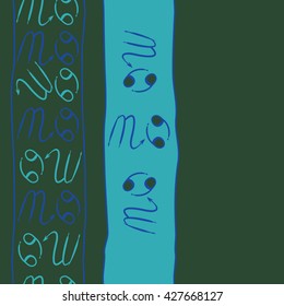 Seamless  vertical pattern  of zodiac signs, doodles, object,cancer,scorpio, stripes, spot,  copy space. Hand drawn.
