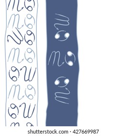 Seamless  vertical pattern  of zodiac signs, doodles, object,cancer,scorpio, stripes, spot,  copy space. Hand drawn.