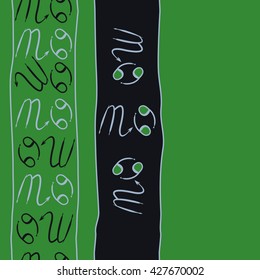 Seamless  vertical pattern  of zodiac signs, doodles, object,cancer,scorpio, stripes, spot,  copy space. Hand drawn.
