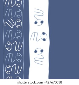 Seamless  vertical pattern  of zodiac signs, doodles, object,cancer,scorpio, stripes, spot,  copy space. Hand drawn.