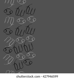 Seamless  vertical pattern  of zodiac signs, doodles, object,cancer,virgo,copy space. Hand drawn.