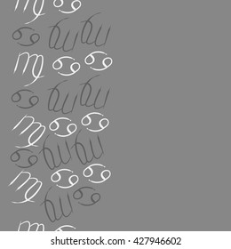 Seamless  vertical pattern  of zodiac signs, doodles, object,cancer,virgo,copy space. Hand drawn.